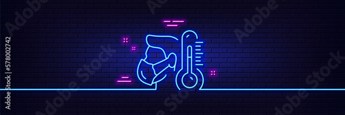 Neon light glow effect. Sick man with mask line icon. Temperature thermometer sign. Flu illness symbol. 3d line neon glow icon. Brick wall banner. Sick man outline. Vector