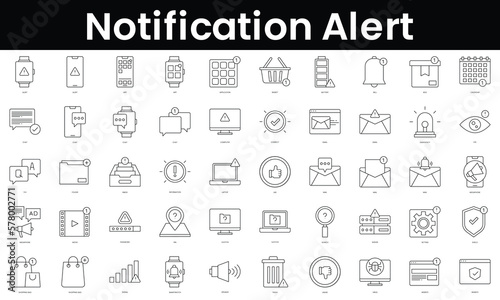 Set of outline notification alert icons. Minimalist thin linear web icon set. vector illustration.