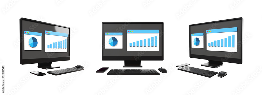 3D computer setup, keyboard, mouse with monitor screen graphic bar, financial, annual report, profitable 3D computer setup, keyboard, mouse with monitor screen graphic bar, financial, annual report, profitable