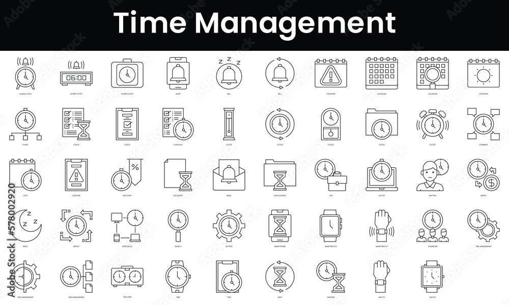 Set of outline time management icons. Minimalist thin linear web icon set. vector illustration.