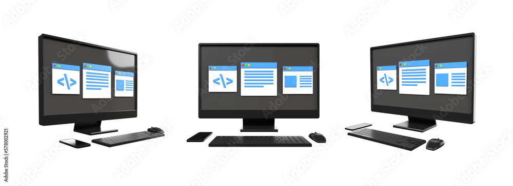 3D computer setup, keyboard, mouse with monitor screen coding, article, report