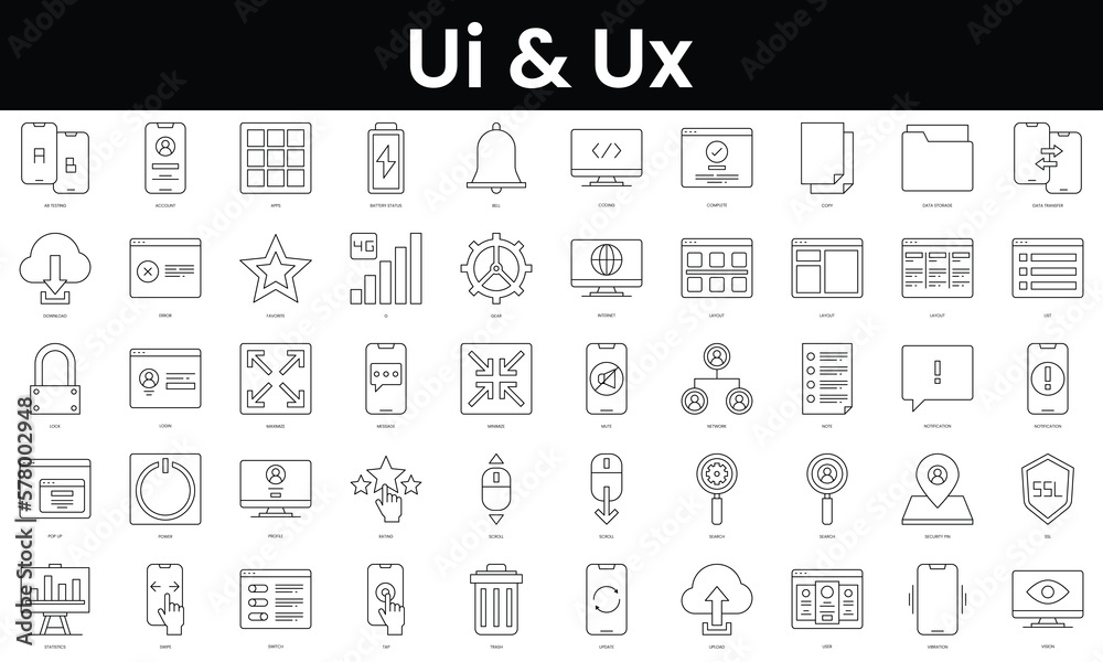 Set of outline ui and ux icons. Minimalist thin linear web icon set. vector illustration. - obrazy, fototapety, plakaty 