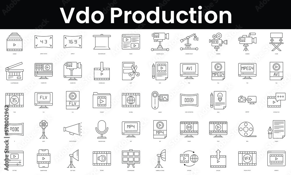 Set of outline vdo production icons. Minimalist thin linear web icon set. vector illustration.