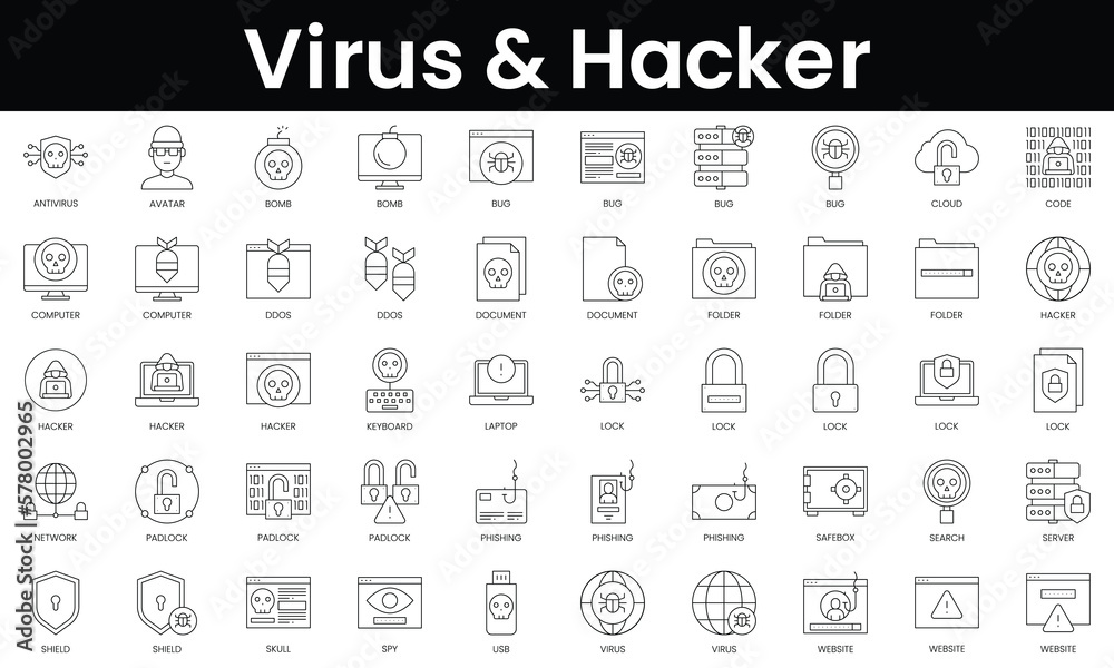 Set of outline virus and hacker icons. Minimalist thin linear web icon set. vector illustration.
