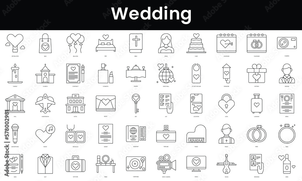 Set of outline wedding icons. Minimalist thin linear web icon set. vector illustration.