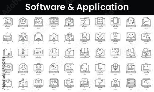 Set of outline software and application icons. Minimalist thin linear web icon set. vector illustration.