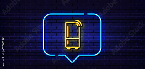 Neon light speech bubble. Refrigerator with wifi function line icon. Fridge sign. Freezer storage symbol. Neon light background. Refrigerator glow line. Brick wall banner. Vector
