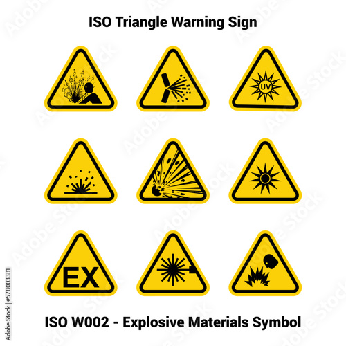 set of ISO Triangle Warning Sign: ISO W002 - Explosive Materials Symbol