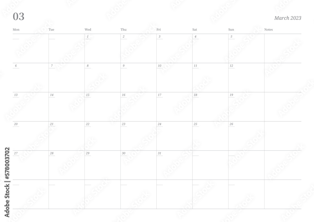 March 2023 simple design digital and printable calendar template illustration. Notes, scheduler, diary, calendar, memo, planner document template background. March 2023 simple design digital and printable calendar template illustration. Notes, scheduler, diary, calendar, memo, planner document template background.