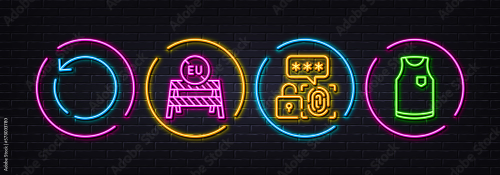 Biometric security, Eu close borders and Recovery data minimal line icons. Neon laser 3d lights. T-shirt icons. For web, application, printing. Vector