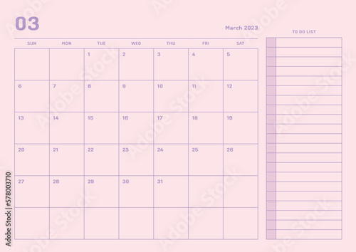 March 2023 simple design digital and printable calendar template illustration. Notes, scheduler, diary, calendar, memo, planner document template background. 
