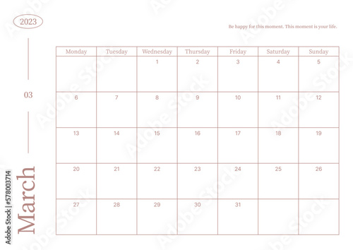 March 2023 simple design digital and printable calendar template illustration. Notes, scheduler, diary, calendar, memo, planner document template background. 