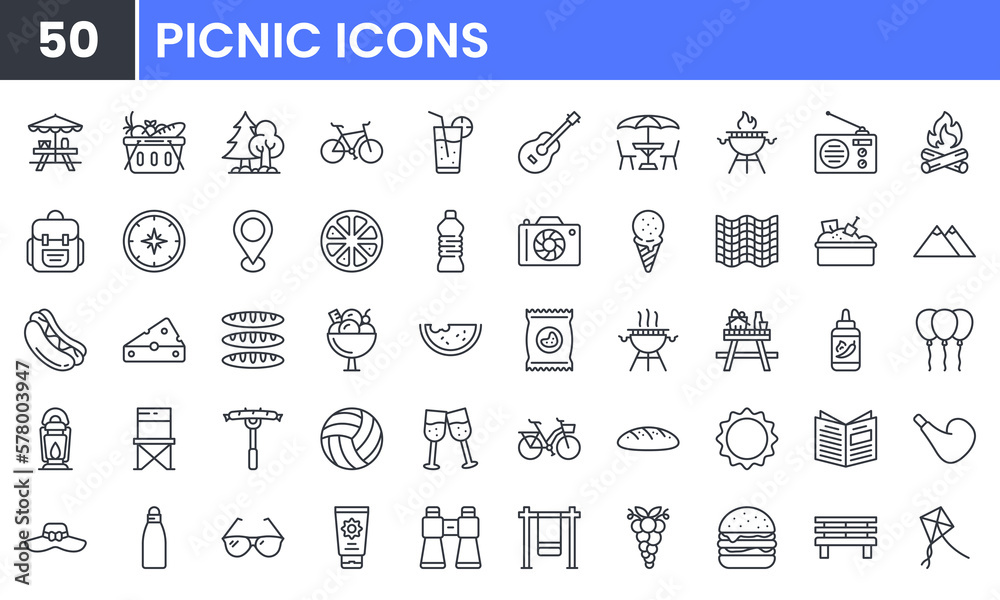 Summer Outdoor Recreation and Picnic vector line icon set. Contains linear outline icons like Campfire, Table, Camping, Grill, Food, Bbq, Hamburger, Blanket, Drink, Hiking. Editable use and stroke. Summer Outdoor Recreation and Picnic vector line icon set. Contains linear outline icons like Campfire, Table, Camping, Grill, Food, Bbq, Hamburger, Blanket, Drink, Hiking. Editable use and stroke.