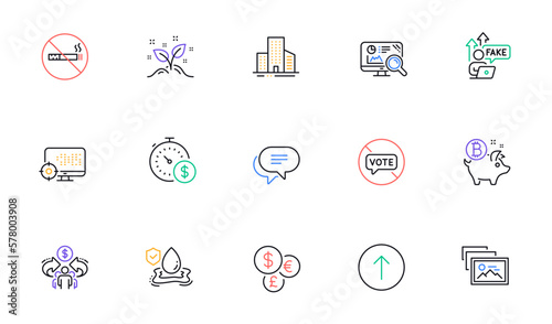 Seo, Money currency and Last minute line icons for website, printing. Collection of Fake internet, No smoking, Photo album icons. Swipe up, Buildings, Flood insurance web elements. Vector