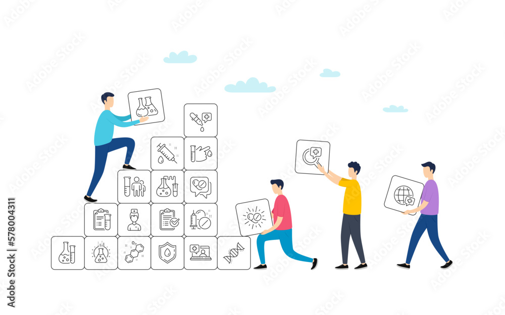 Medical healthcare, doctor line icons. People team work concept. Drug testing, scientific discovery and disease prevention signs. Vector Medical healthcare, doctor line icons. People team work concept. Drug testing, scientific discovery and disease prevention signs. Vector