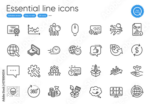 Diagram chart, Business meeting and Video conference line icons. Collection of Time management, Scroll down, Like icons. Search flight, Customisation, Report web elements. Vector