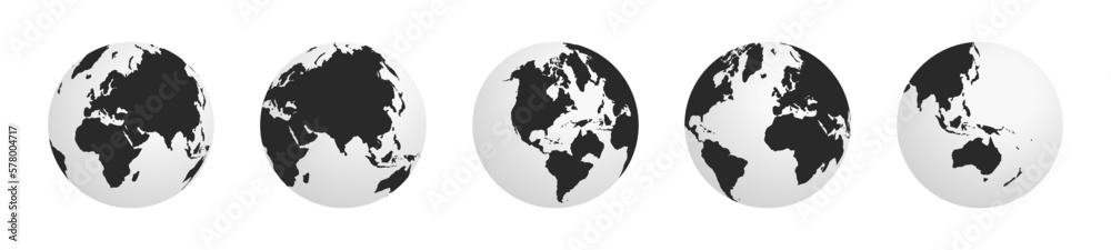 Obraz premium Set of globes of Earth. Realistic world map in globe shape. Globe icons. Earth hemispheres with continents. 3d vector world map set.