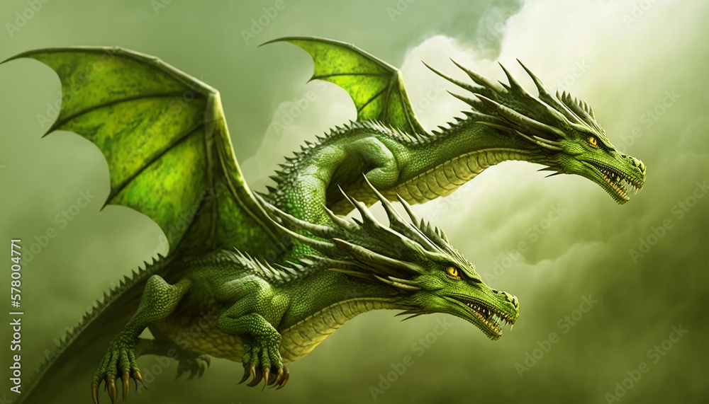 Two flying green dragons