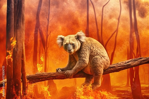 Koala bear on eucalyptus branch escape from australian bushfires. Conceptual: save koala, global warming, natural disaster, climate change. Koala survival at risk.