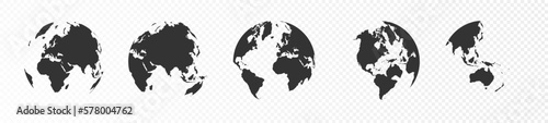 Set of transparent globes of Earth. Realistic world map in globe shape with transparent texture. Globe icons. Earth hemispheres with continents. 3d vector world map set.