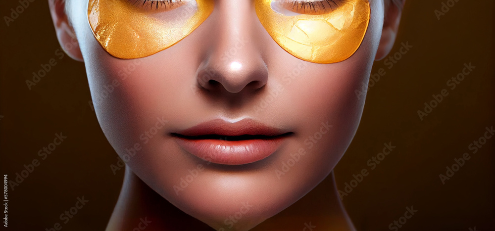 Close up of a young woman's eyes with golden eye patches. Natural feminine beauty, skin care and beauty concept. AI Generated Close up of a young woman's eyes with golden eye patches. Natural feminine beauty, skin care and beauty concept. AI Generated