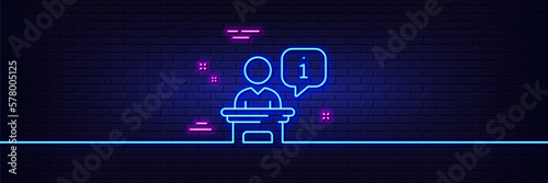 Neon light glow effect. Podium line icon. Stage information sign. Business meeting tribune symbol. 3d line neon glow icon. Brick wall banner. Podium outline. Vector