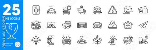Outline icons set. Car secure, Delivery truck and Warning icons. Pin, Car wash, Elevator web elements. Paper plane, Time schedule, Boarding pass signs. Bike delivery, Send box. Vector