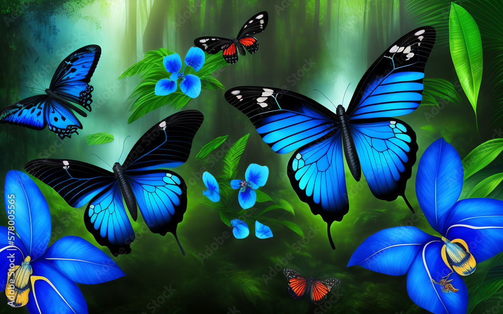 Beautiful butterflies and blue flowers  in the rainforest. Generative Al Illustration.