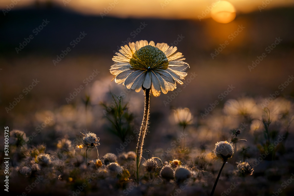 Field full of blooming chamomile flowers at sunset