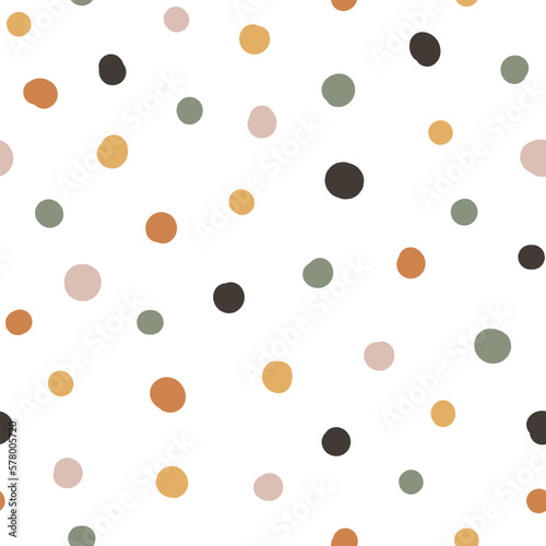 Cute hand drawn seamless pattern with Colorful Polka Dots. Abstract Multicolored doodle shapes on white background. Design for background, wallpaper, wrapping, fabric, and more