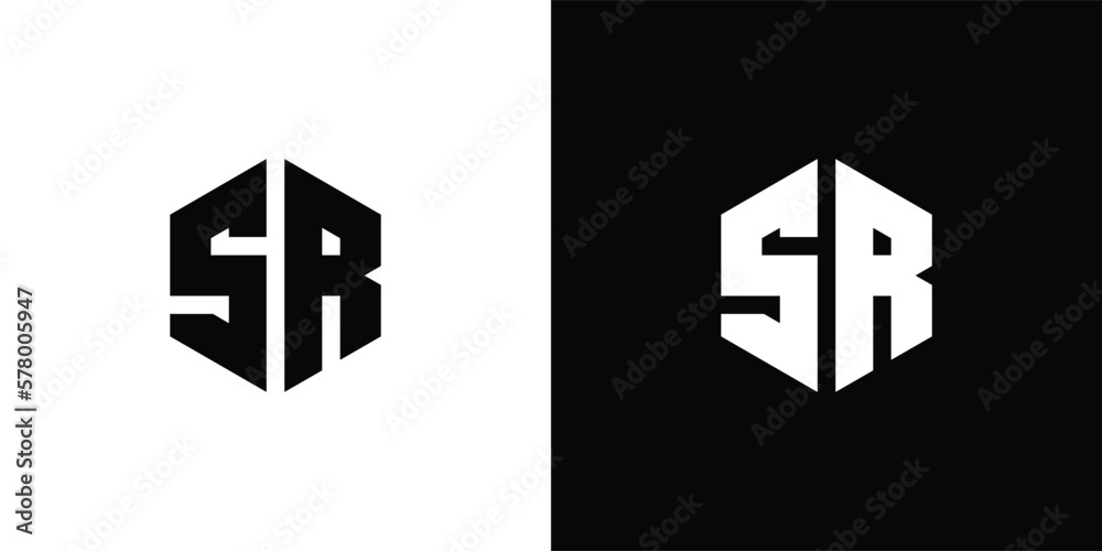 Letter S R Polygon, Hexagonal Minimal Logo Design On Black And White Background