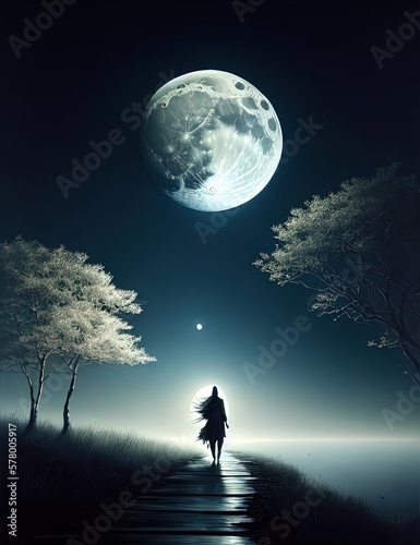 woman wolking towards the moon