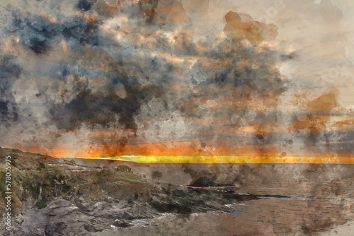Digital watercolour painting of Dramatic landscape sunrise image at Prussia Cove in Cornwall England with atmospheric sky and ocean © veneratio