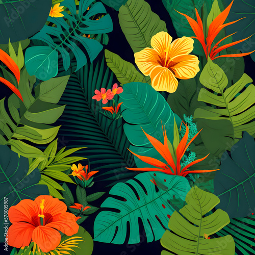 Jungle floral set pattern illustration, flat colorful design, trendy leaves, Generative AI © PixelPusher