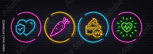 Uv protection, Life insurance and Carrot minimal line icons. Neon laser 3d lights. Heartbeat icons. For web, application, printing. Skin cream, Risk coverage, Fresh vegetable. Medical heart. Vector
