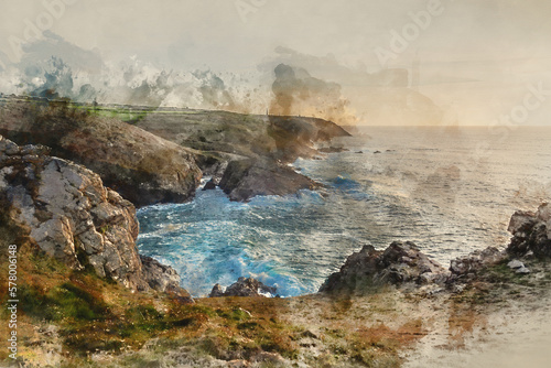Digital watercolour painting of Stunning sunset landscape image of Cornwall cliff coastline with tin mines in background viewed from Pendeen Lighthouse headland