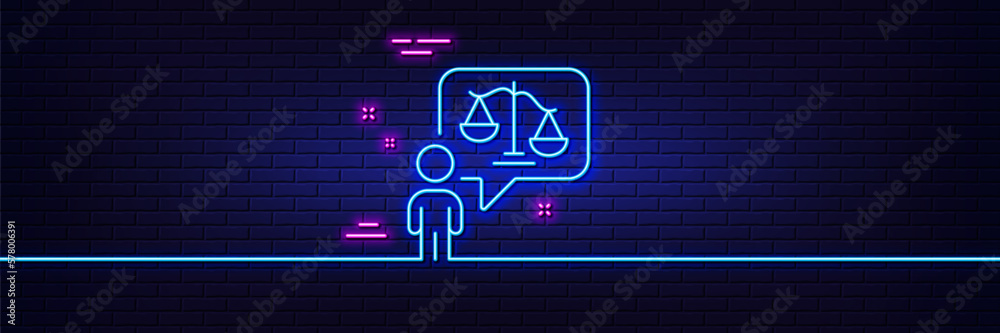Neon light glow effect. Lawyer line icon. Court judge sign. Justice scale symbol. 3d line neon glow icon. Brick wall banner. Lawyer outline. Vector Neon light glow effect. Lawyer line icon. Court judge sign. Justice scale symbol. 3d line neon glow icon. Brick wall banner. Lawyer outline. Vector