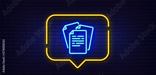 Neon light speech bubble. Documents line icon. Doc file page sign. Office note symbol. Neon light background. Documents glow line. Brick wall banner. Vector