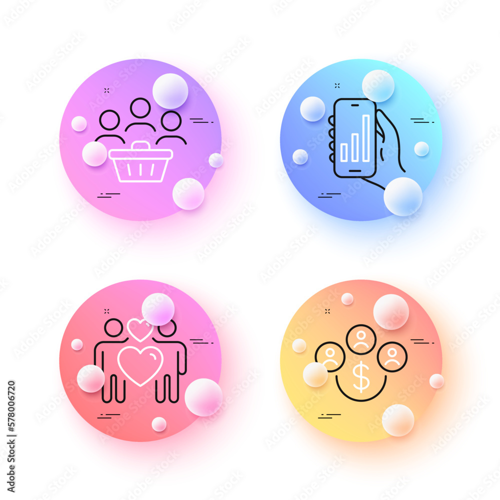 Love couple, Analysis app and Buying currency minimal line icons. 3d spheres or balls buttons. Buyers icons. For web, application, printing. Lovers, Smartphone charts, Buy dollars. Vector Love couple, Analysis app and Buying currency minimal line icons. 3d spheres or balls buttons. Buyers icons. For web, application, printing. Lovers, Smartphone charts, Buy dollars. Vector