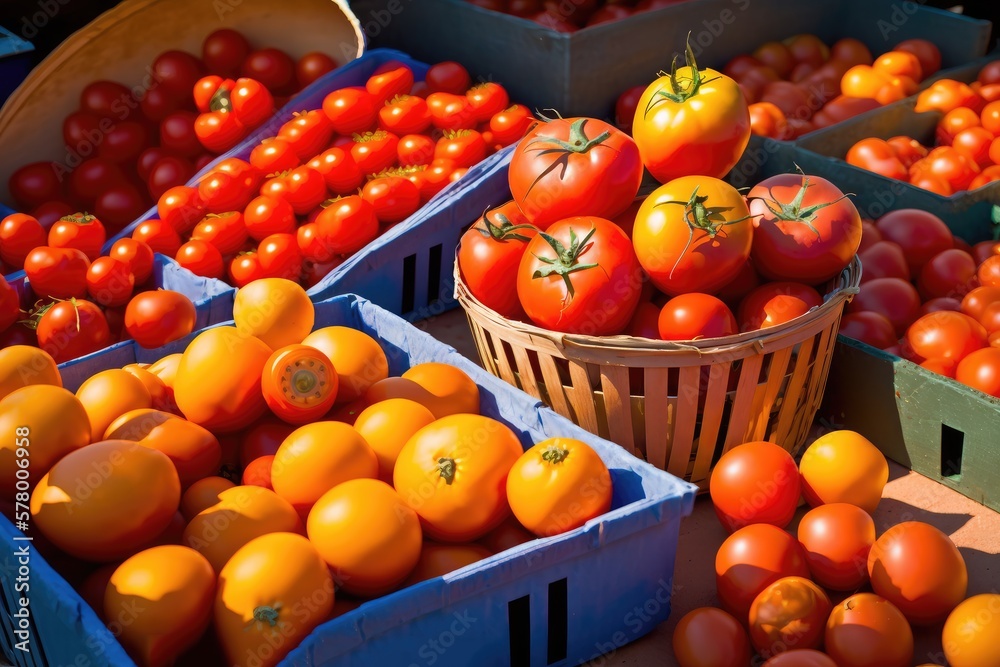 Tomatos : Tomatoes are a type of fruit or vegetable, depending on how they are used. They are generally red in color, but can also come in yellow, green and other colors.