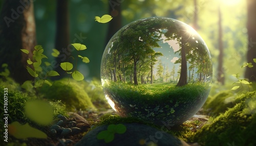 The concept of the environment, the crystal ball lies on in the forest, the reflection of the forest. concept and theme of nature, environmental protection. Earth Day. Generative AI