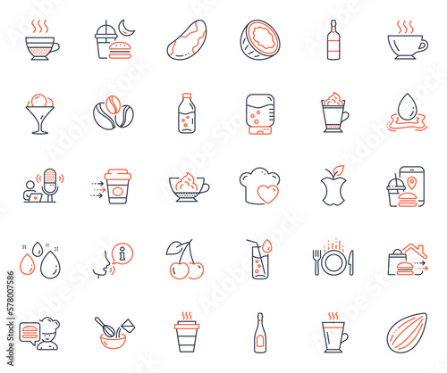 Food and drink icons set. Included icon as Water bottle, Night eat and Brandy bottle web elements. Espresso cream, Organic waste, Food delivery icons. Takeaway, Chef, Champagne web signs. Vector