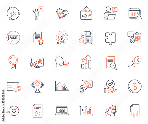 Education icons set. Included icon as Approved document, Victory and Lawyer web elements. Music book, Clipboard, Fake news icons. Bill accounting, Inspect, Wallet web signs. Inspiration. Vector