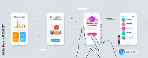 Touchscreen gesture, Instruction manual and Wall lamp minimal line icons. Phone ui interface. Shield, Minimize, Chemistry experiment icons. Vector