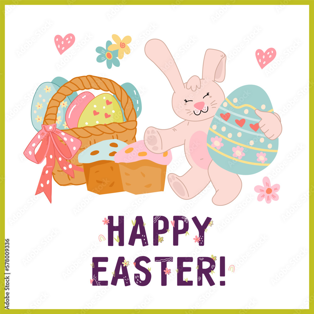 Happy easter card or banner vector illustration in flat style isolated on white background. Easter card with cute bunny character. Happy easter card or banner vector illustration in flat style isolated on white background. Easter card with cute bunny character.