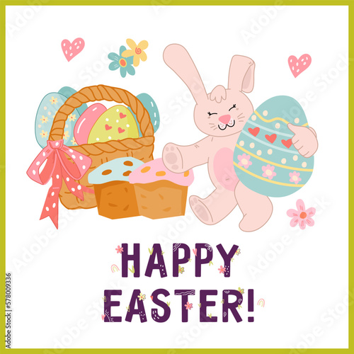 Happy easter card or banner vector illustration in flat style isolated on white background. Easter card with cute bunny character.