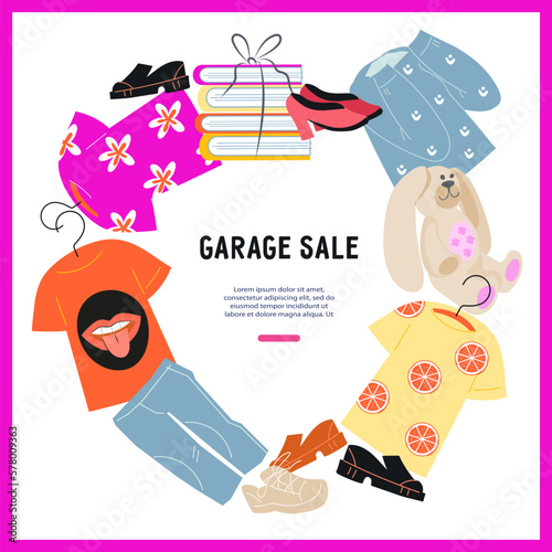 Garage sale swap party banner or poster design with assorted clothes and footwear, flat vector illustration on white. Flyer, banner or card to advertise second hand garage sale event.