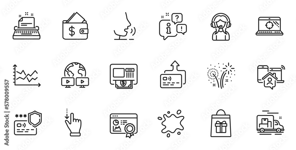 Outline set of Holidays shopping, Video conference and Atm line icons for web application. Talk, information, delivery truck outline icon. Vector