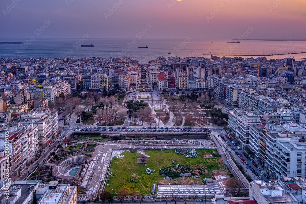 Aerial view of famous Aristotelous Square in Thessaloniki city at twilight, Greece.