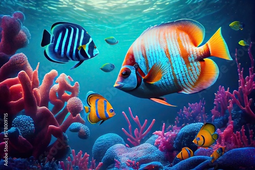 Leinwand Poster Colorful Exotic Fish and Corals In Underwater Aquatic Paradise: Generative AI